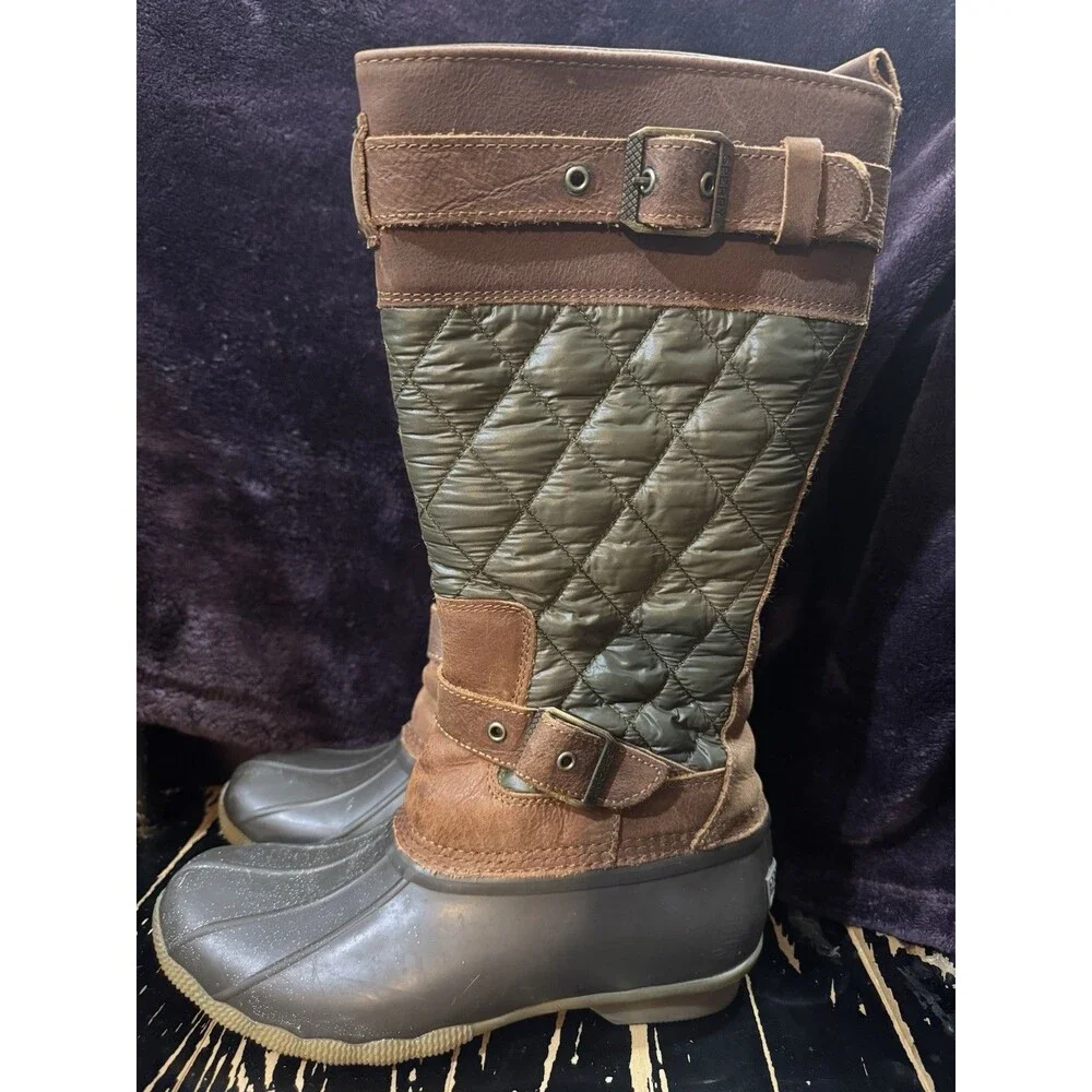 Sperry Duck Boots Womens 7.5 Brown Olive Quilted Waterproof Rain Tall Saltwater